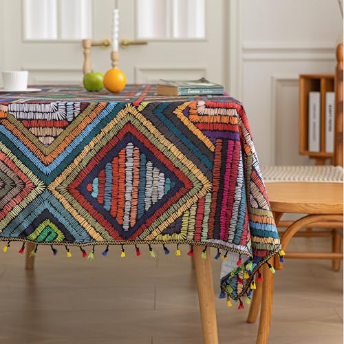 Handblock Print Tablecloth for Square Tables, Geometric Stitch Table Cover with Fringed Edges, Decorative Tablecloth for Kitchen and Dining Room,59"x 102" - color: Geometric Stitch, size: 102" x 59" (Rectangular)