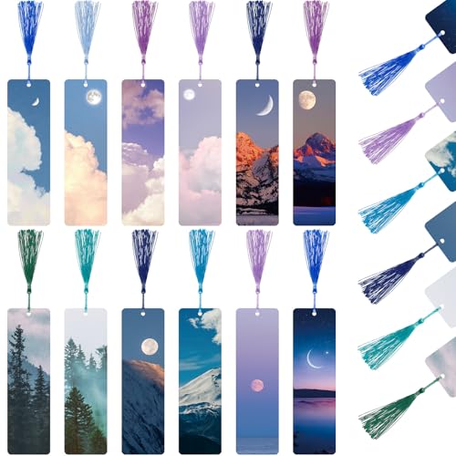 Outus 12 Pack Nature Landscape Bookmarks with Tassels, Aesthetic Scenery Page Markers, Sky Mountain Book Markers, Back to School Book Accessories Gift for Students Reading Gifts Classroom Favors - style: Landscape