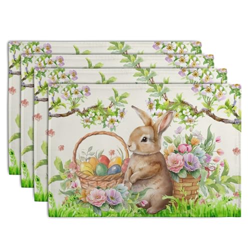 Easter Rabbit Placemats Set of 4 Spring Easter Egg Bunny Flowers Floral Place Mat 12x18 Inch Seasonal Farmhouse Linen Fabric Table Mats for Kitchen Dining Outdoor Indoor Easter Party Decoration - color: Easter Rabbit