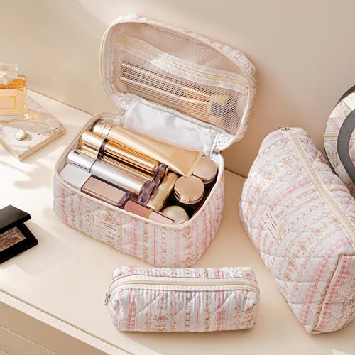 HBselect Quilted Makeup Bag, 3Pcs Cotton Large Travel Makeup Bags Organizer - color: A-3PCS-Floral 25