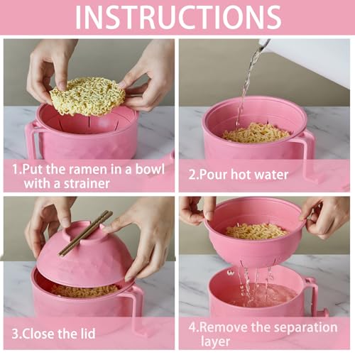 6 Pcs Microwave Ramen Cooker Set 40oz Bowl, Pink - color: Pink