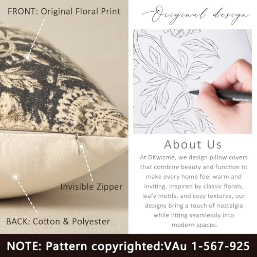 Vintage Floral Print Throw Pillow Covers 24x24 Set of 2 Neutral Modern Farmhouse Pillowcases Accent Decorative Cushion Covers Boho Home Decor for Couch Sofa Chair Bed Living Room, Black - color: Black, size: 24" x 24" (Pack of 2)