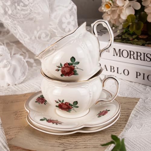 KAMMAK Tea Cups and Saucers Set of 2, 6.8 oz Porcelain Coffee Cups, 564N - size: 7KPSP564N