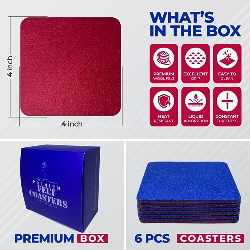 A&A Wonders Premium Felt Coasters for Drink, Two-Tone Reversible, Absorbent Felt Protects Furniture, Table, Anti Slip, Suitable for Drinks & All Table Types (Wine Red/Royal Blue, Square 6 Pack) - color: Wine Red/Royal Blue, size: Square 6 Pack