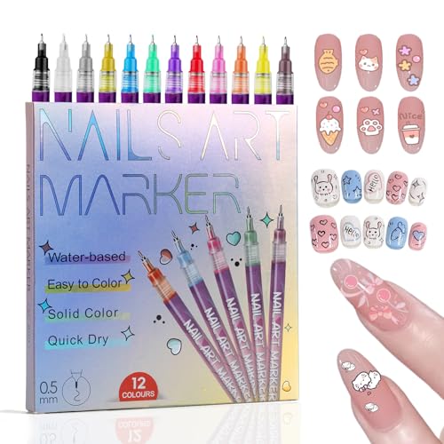 12 Colors Nail Art Pens Set, 3D Nail Color Pens, Quick-Drying Paint Pens, Dotting Liner Brush for DIY Nail Design, Home & Salon Manicure Tools