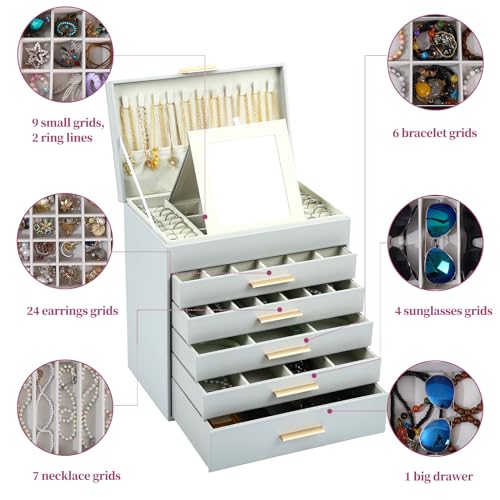 BOOVO Jewelry Boxes for Women, White and Black 6 Layer Large Jewelry Box for Necklace, Bracelet, Earrings, Rings Storage, Jewelry holder Organizer for Girls Gift (Grey and Gold, 6 layer) - color: Grey and Gold, size: 6 layer