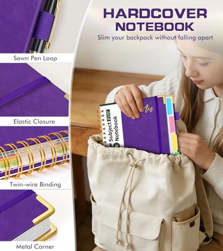 5 Subject Spiral Notebook Journal with Removable Dividers Tabs, 300 Pages Organizer Notebooks for Work School, 8"x10" Hardcover Leather Notebook College Ruled, Large Lined Journal for Women Men,Purple - color: Deep Purple, size: B5