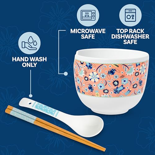 Silver Buffalo Lilo and Stitch Leaf, Ramen Bowl with Chopsticks, 20oz - color: Lilo and Stitch Flower and Leaves Pattern Spoon, size: 20 Ounces (With Spoon)