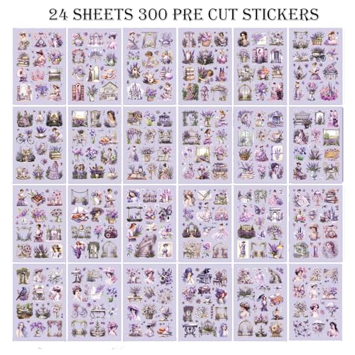Vintage Ephemera Sticker 24 Sheets precut 300 washi Stickers Paper Girls Journal Stickers for Adults Junk Journal Sticker Book Scrapbooking Supplies - color: Purple