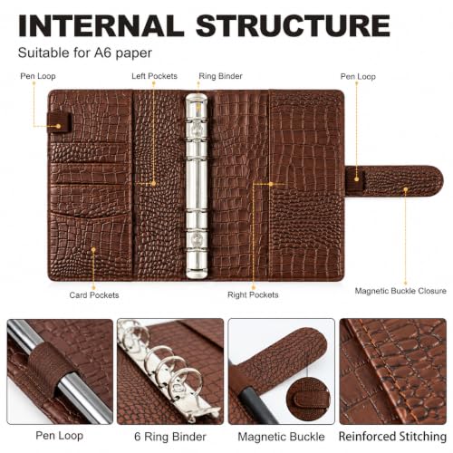 Convend A6/A5 Refillable 6 Ring Faux Leather Binder Cover, Brown Croc - color: Crocodile-brown, size: Luxe-A6