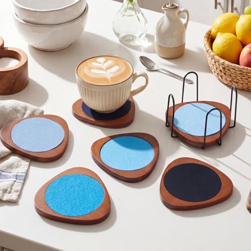 Newtay 6 Pcs Mid Century Modern Coasters Wood Absorbent Coaster,Blue - color: Blue