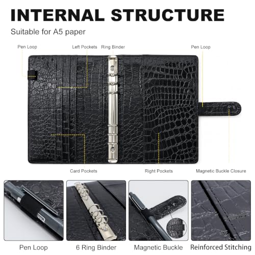 Convend A5/A6 Refillable 6 Ring Faux Leather Binder Cover, Black Croc - color: Crocodile-black, size: Luxe-A5