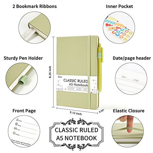 feela 5 Pack Notebooks Journals Bulk, Hardcover Classic Ruled Lined Journals with Pen Holder for Women Girls School Business Supplies, with 5 Black Pens, 120 GSM, 5.1”x8.3”, A5, Avocado Green - color: 5 Avocado Green