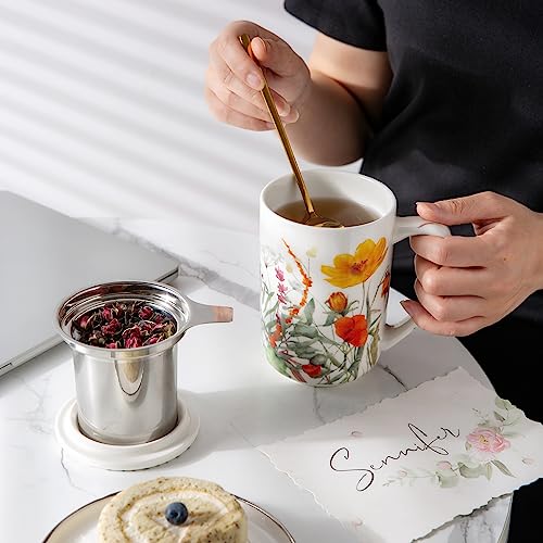 AmorArc Tea Cup With Infuser and Lid, 18oz Loose Leaf Tea Mug With Steeper - color: Tulips