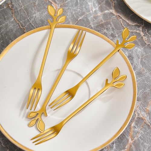 AnSaw Gold Swan Base Holder Set with 10-pcs Mini Leaf Dessert Forks-4.7" - color: Gold Swan