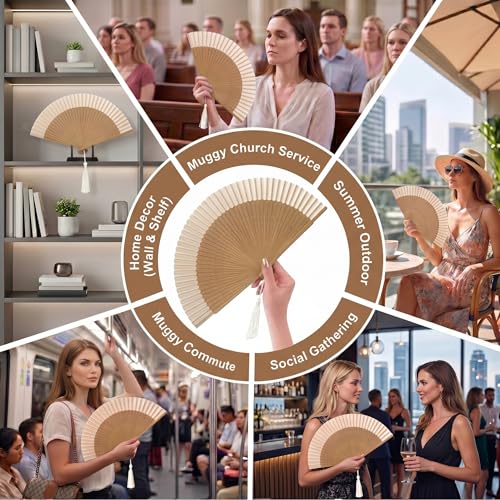 Japanese Folding Hand Fan for Women - Bamboo Silk Handheld Foldable Fan with Tassel & Pouch for Hot Flashes, Rave, Church, Gift,Wedding - Whisper-Quiet, Purse Size (Bamboo White) - color: Bamboo White