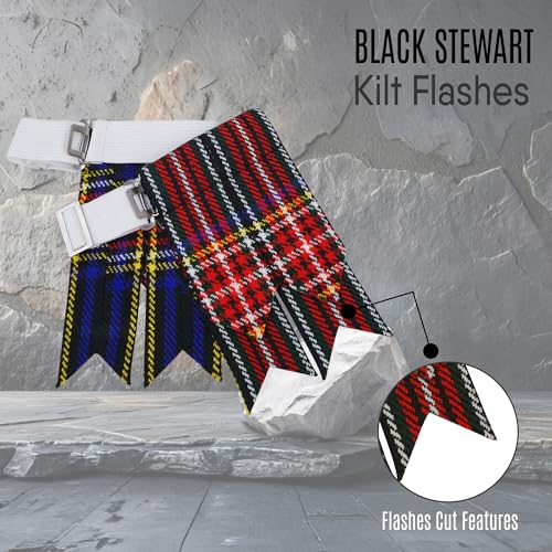 EZE Kilt Flashes for Men with Heavy Buckle Adjusters, Plain & Tartan Kilt Sock Flashes Acrylic Wool - color: Black Stewart