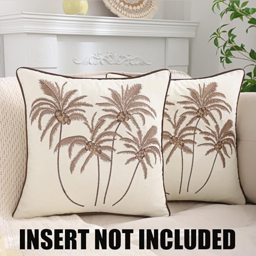 Embroidered Throw Pillow Covers 18x18 Pack of 2 Brown Coconut Trees - color: Brown Coconut Palm Trees