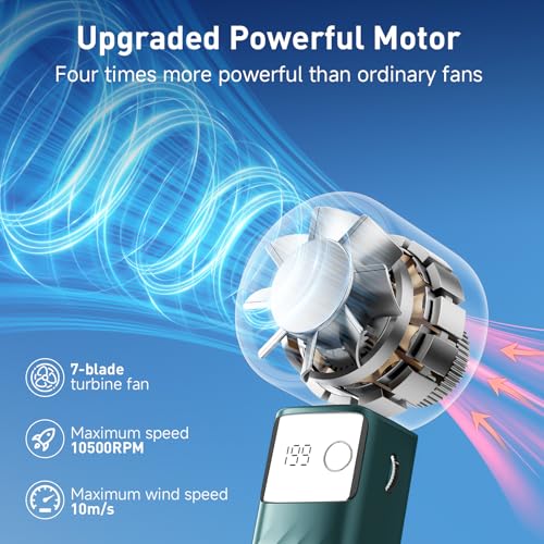 YOSHENMO Portable Handheld Turbo Fan - Foldable Mini Fan with Air Turbo Tech, 1-199 Speed Adjustment, 20H Runtime, LED Display, Battery-Powered for Indoor/Outdoor Use Dark Green - color: Light Green, size: Small
