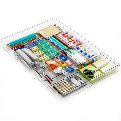Yieach Large Expandable Desk Drawer Organizer Tray for Office Supplies and Accessories With 12 Adjustable Compartments,Office Drawer Organizers for Pencil,Pen and Kitchen Junk Drawer Organizer,Clear