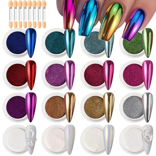 Chrome Nail Powder for Nails - 16 Colors Kit with 8 Brushes, Mirror Metallic Gold Silver Red Blue Aurora Pearl Iridescent Mermaid Shimmer Glitter for Home DIY Salon Nail Art Supplies