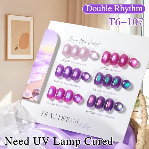 Double Rhythm Cat Eye Gel Nail Polish Set of 6 Same Color Same Bottle 0.5 Oz Shimmer Glitter with Magnet Holographic Magnetic UV Nail Polish Kit (Blush Fuchsia Magenta Purple Violet Lavender -T6-107) - color: Lilac Dream