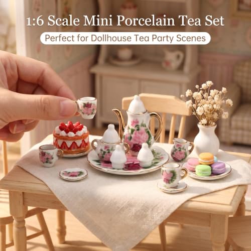 Miniature Tea Set 1/6 Scale Dollhouse Accessories Porcelain Big Rose - color: Big Rose