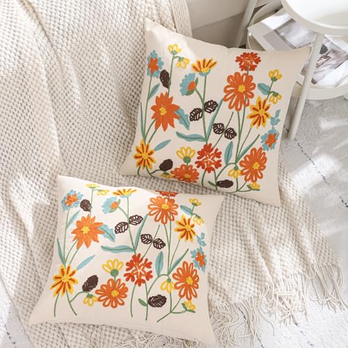 LUOYEHK Embroidered Throw Pillow Covers 18x18 Inch Set of 2 Decorative Pillow Cover Spring Summer Boho Cushion Pillowcase for Couch Sofa Bed Living Room, Orange Wildflower - color: Orange Wildflower