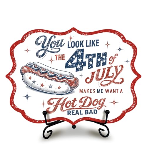 Wooden Buffet Sign with Metal Stand, Patriotic Hot Dog Station Decor for BBQ Party, Food Truck, Restaurant Counter, Independence Day 5 x 7 Inch Tabletop Display - A04 - color: DLR A04