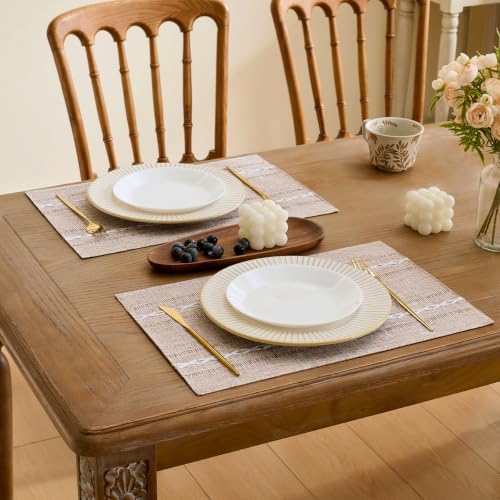 Wracra Cotton Linen Place Mats, Brown Embroidered Placemats Set of 8 - color: Hemstitched Brown, size: Placemats(Set of 8)