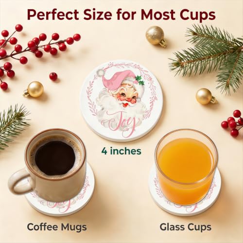 Nikyi 6 Pcs Christmas Pink Santa Ceramic Absorbent Coasters, Round Drink Coaster with Metal Holder and Cork Base, for Coffee Table Kitchen Bedroom Living Office Desk Home Decor - color: Pink Santa Claus