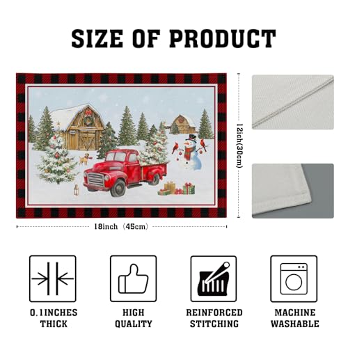 Giwawa Christmas Truck Placemats Set of 4 Winter Snowman Xmas Trees Place Mat with Black Red Buffalo Plaids 12"x18" Snow Farm Scene Non Slip Table Mats for Kitchen Dining Holiday Party Decor - color: Christmas Truck