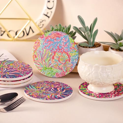 KAMMAK Ceramic Coasters with Cork Base, Boho Drink Coasters, Set of 6