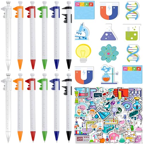 Science Party Stationery Gift Set with 12 Sticky Notes, 12 Ballpoint Pens and 50 Stickers for Science Themed Birthday Party Decorations Supplies Goodie Bag Fillers School Rewards