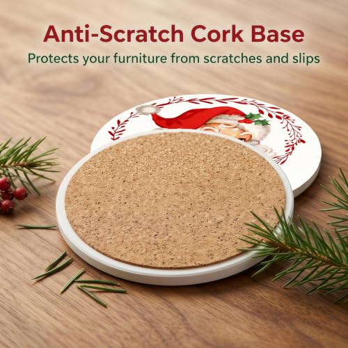 Nikyi 6 Pcs Christmas Red Santa Ceramic Absorbent Coasters, Round Drink Coaster with Metal Holder and Cork Base, for Coffee Table Kitchen Bedroom Living Office Desk Home Decor - color: Red Santa Claus