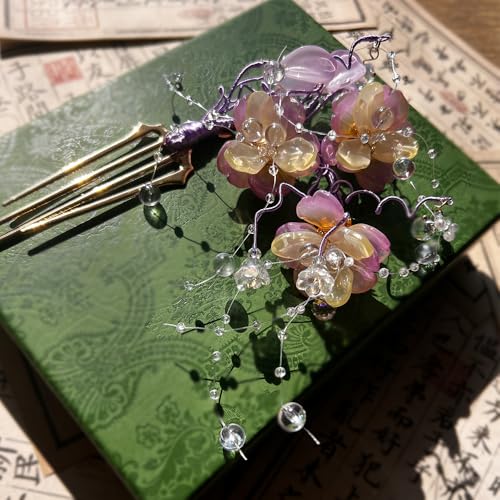 Purple Jasmine Hairpin Chinese Hanfu and Han Style Hair Retro Flower with Metal Handmade Hair Clip Hair Accessories for Women Girls Long Hair (Purple Jasmine Flower) - color: Purple Jasmine Flower