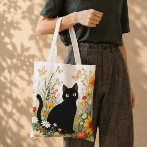 Canvas Tote Bag,Aesthetic Tote Bag,Cute Totebag with Buckle & Pocket,Reusable Canvas Bags,Cat Dogs Gifts for Grocery - color: Small Cat