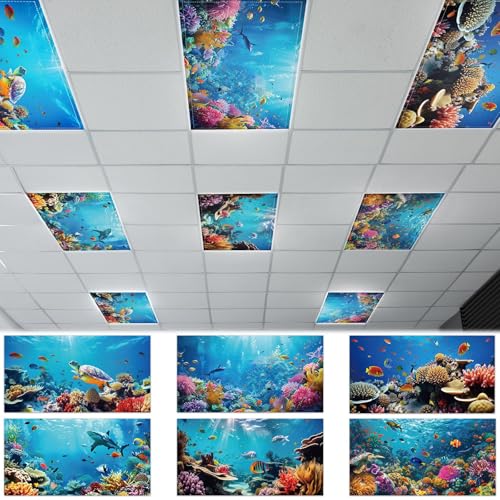 Wiooffen 6 Pcs Fluorescent Light Covers with 60 Magnets Decorative for Classroom Ceiling Light 4 x 2 Feet Magnetic Light Covers Filter Easy Install for Office Hospitals & Home (Ocean) - color: Ocean