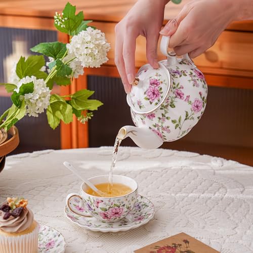 Flowers Ceramic Tea Set，Tea Sets for Adults, with Teapot, Spoons, Cup and Saucer for Tea Party (Pink And Purple Flowers) - color: Pink And Purple Flowers