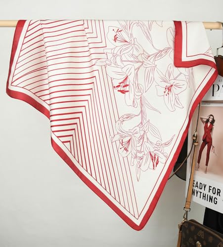 corciova Women’s Square Scarf 27.5 in (70 x 70 cm), Satin-Feel Polyester, Lightweight Fashion Scarf for Hair, Neck and Bag - color: Floral & Stripe (Ivory / Red)