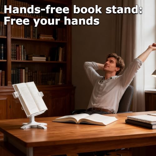Adjustable Book Stand Holder, Rotating Hands-Free Reading Stand with Clips