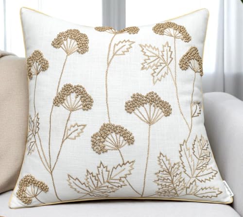 Rudransha Hand Embroidered Wildflower Throw Pillow Cover - 18x18 Inch Ivory Cotton - Blooming - color: Blooming-ivory, size: 18" x 18" (Pack of 1)