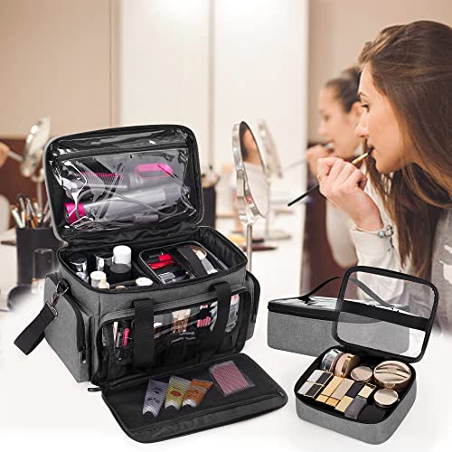 BAFASO Makeup Bag with 2 Removable Pouches and Detachable Dividers, Gray - color: Gray