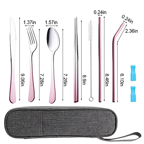 Travel Utensils Set with Case Reusable Portable Cutlery Set Stainless Steel 8pcs Including Dinner Knife Fork Spoon Chopsticks straws(Gradient Pink) - color: Gradient Pink
