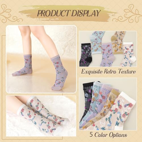 5/6 Pair Crew Socks for Women Floral Socks - color: White, Light Blue, Black, Yellow and Purple