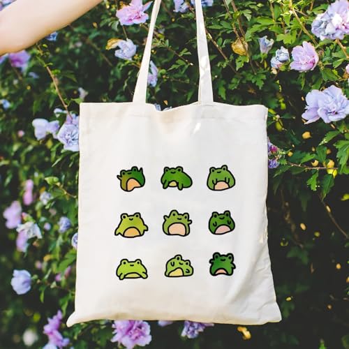 Canvas Aesthetic Tote Bag for Women with Inner Pocket Totes Shoulder Book Bag Shopping Reusable Grocery Bags - color: Cute Frogs Totes