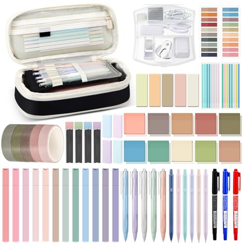 Sinload 60 Pcs Aesthetic Book Annotation Kit School Supplies Cute Pencil Case Mini Stapler Set 12 Highlighter 5 Gel Pen 6 Pencil 5 Magnetic Bookmark 1220 Sticky Note Student Stationary(Black) - color: Black