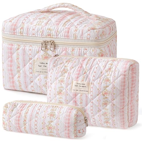 HBselect Quilted Makeup Bag, 3Pcs Cotton Large Travel Makeup Bags Organizer - color: A-3PCS-Floral 25
