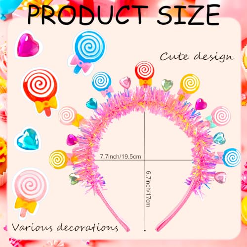 1 Pcs Candy Headband Lollipop Hairband with Pom Pom Bow, Rainbow Tinsel Hair Accessory for Christmas Costume Party Gift (Single-Layer)