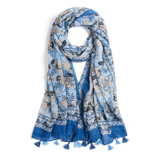 QIUTIMIY Scarf for Women Lightweight Soft Floral Leopard Printed Scarves Fall Winter Fashion Shawl Wrap with Fringe - color: Flower-lake Blue